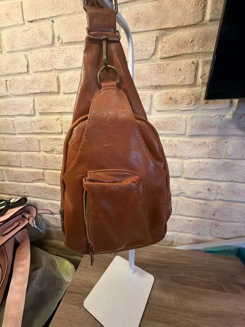 Unbranded front  Zipper Faux Leather Sling Backpack with Patterned Strap